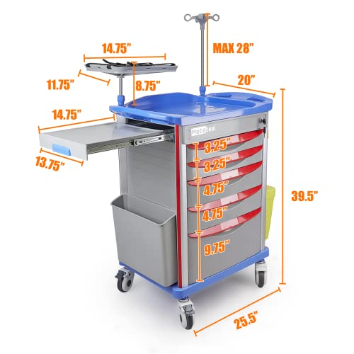 Metateel Medical Crash Cart with Emergency Accessory - Cardiac Board, IV Pole, O2 Holder, Power Strip, Trash Bin, Drawers with Dividers, Lite Emergency Hospital Crash Cart for Hospitals and Clinics - Thumbnail 3