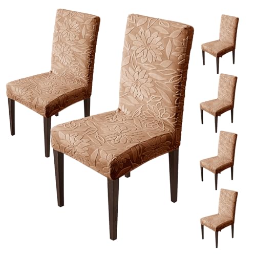 Image of House of Quirk Stretchy Universal Camellia Jacquard Waterproof Chair Cover Removable & Washable Short Dining Chair Cover Protector Seat Slipcover (Camel,Pack of 6)