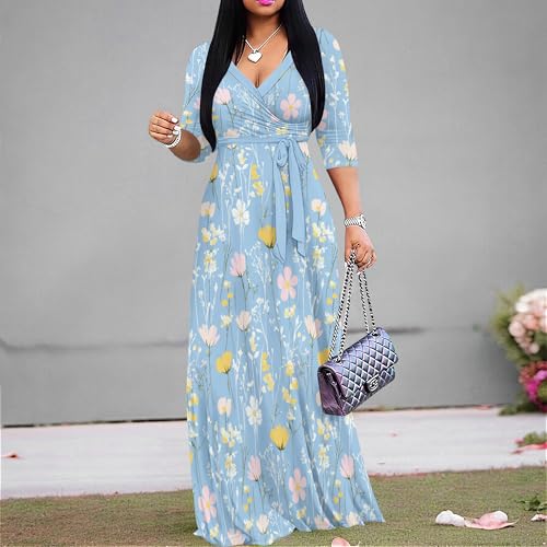 Image of PinkPatty Plus Size Maxi Dress for Women Casual V Neck 3 /4 Sleeve Boho Printed Long Dress with Pockets