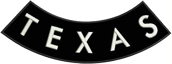 TEXAS Iron-On Patch - Professional Bottom Rocker - White/Black Border - 12x3" Embroidered Cotton - Heat Press/Sew-On for Biker Vests & Jackets