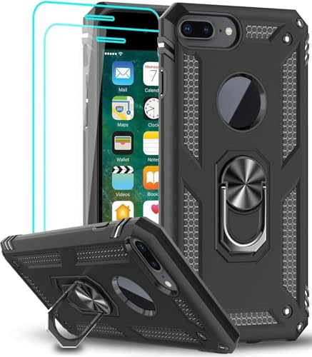 LeYi Funda para iPhone 8 Plus/iPhone 7 Plus/iPhone 6 Plus / 6S Plus con [2 Unidades] Cristal Vidrio Templado, Armor Carcasa con 360 Anillo Soporte PC Silicona TPU Bumper Antigolpes Case, Negro
