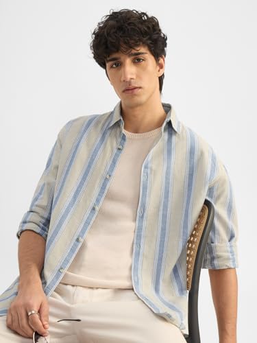 Image of The Souled Store Cotton Linen Stripes: Azure Men and Boys Long Sleeves Collared Neck Button Front Regular Fit Cotton Linen Shirts