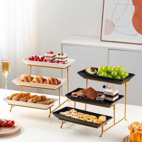 Vencier 3 Tier Serving Platter Set Three Tier Food Dessert & Cake Display Party Food Tray Set (White/Gold) - Image 6