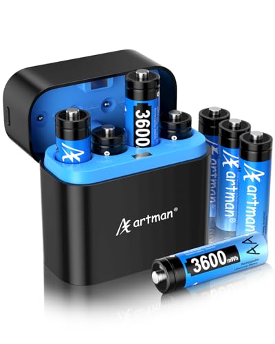 Artman Rechargeable Lithium AA Batteries 8-Pack with 4-Slot Charger, AA Lithium Batteries for Blink Outdoor Camera, 1.5V Constant Output Double A Battery Rechargeable with 2000+ Cycles