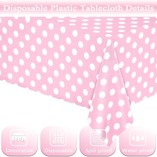 Image of WNINK 4 Pack Light Pink and White Polka Dot Tablecloths, Pink Disposable Plastic Table Cover for Birthday, Wedding, Bachelor, Pink Girl Party, and Picnic Camping Parties 54 inch x 108 inch
