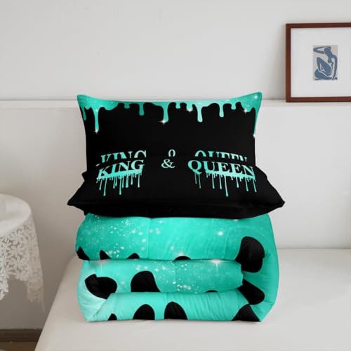 Image of Feelyou Couple Glitter Green King Queen Comforter Set Twin Size, Mr Mrs Comforter for Man Woman Valentine Day Bedding Set Anniversary Duvet Set Microfiber Bed Set