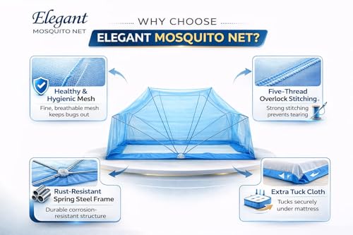 Image of Elegant Premium Cotton Mosquito Net for Qween Size Bed(5x6 Feet Blue) | Foldable Machhardani with High-Density Mesh & Washable