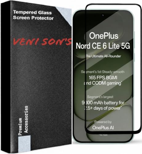 Image of VENI SON'S Scratch And Tear Resistant, Crystal Clear Edge to Edge Tempered Glass Screen Protector Guard Compatible With OnePlus Nord CE 6 Lite