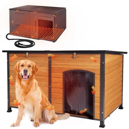 59.1' Extra Large Heated Dog House with Electric Heating Pad,Outdoor & Indoor Dog Kennl with Insulated Liner Keep Warm in Winter, Waterproof Pet Shelter, Strong Metal Frame