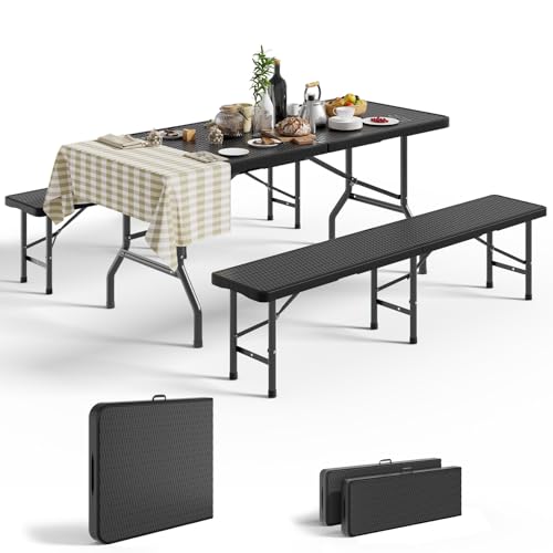 Devoko Ensemble de Jardin 3 Pièces 1 Table Brasserie Pliante 180x74x74cm et 2 Bancs d'Extérieur 180x30x43cm Robuste Portable Facile à Nettoyer, Rotin Salon...