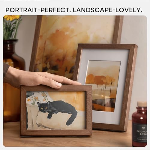 Image of Homeforia 6x6 Picture Frame Brown, High-End Dark Oak 6 x 6 Square Brown Wood Frame with Mat 4 by 4 for Art, 6by6 Wooden Walnut Poster Frame Matted to 4x4 inch Photo, Tempered Glass, Wall Kit, Set of 1