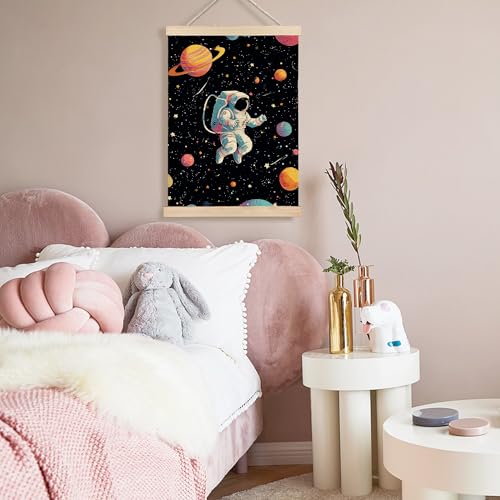 Image of PQKIY Space Astronaut Nursery Kids Wall Art Poster Hanger Frame 12x16 in, Fantasy Outer Space Galaxy Planet Wall Decor Canvas Prints for Home Boys Room Bedroom Nursery
