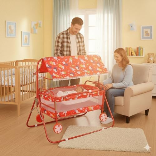 Image of Nirjala Foldable Baby Cradle Swing with Mosquito Net & Canopy | Steel Jhula /Palna with Wheels & Toy Bar | Portable Newborn Infant Sleeping Bed for 0-24 Months