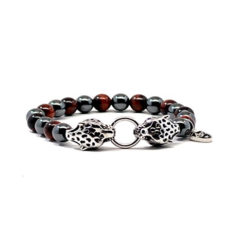 Accents Kingdom Bracelet Magnétique Hématite Rouge Oeil de Tigre 8MM avec Charme léopard jumeau, 19.05 cm