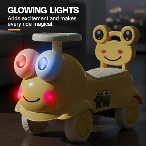 Image of Kermit Ride on Cars for Kids | Portable Kids Car with Music & Toy Storage | Indoor Baby Push Ride-ons with Lights & Safety Backrest | Outdoor Rider Cars for Kid 18+ Months (Yellow)