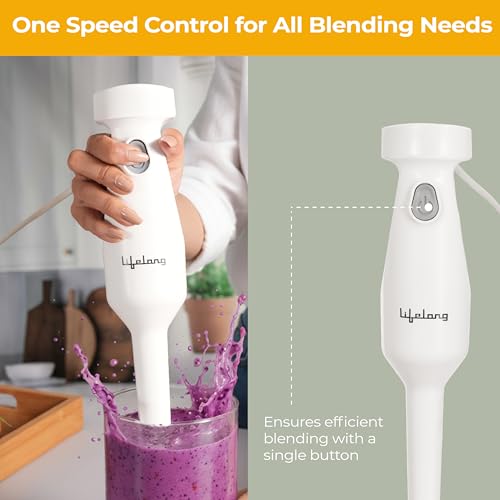 Image of Lifelong 300W Electric Hand Blender for Kitchen | Single Speed Control | Detachable Stainless Steel Blades | Silent Operation | Easy Click Fit Locking | Multipurpose Blender for Smoothies & Juices