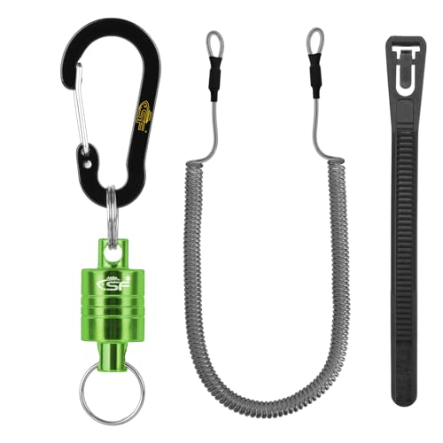 SF Strongest Magnetic Release Holder Keychain Fly Fishing Net Retractor Magnet Clip with Coiled Lanyard Aluminum Alloy Hook - Green