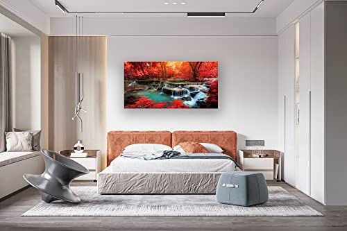 Muolunna BK03950 Wall Art Decor Canvas Print Picture Red Forest Waterfalls 1 Piece Modern Landscape Tree for Living Room Bedroom Kitchen Office Home Decorations Stretched and Framed Ready to Hang