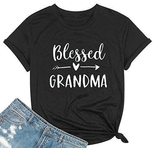 Blessed Grandma Shirt Funny Cute Graphic Tees Women Letter Print T-Shirt Casual Short Sleeve Tops