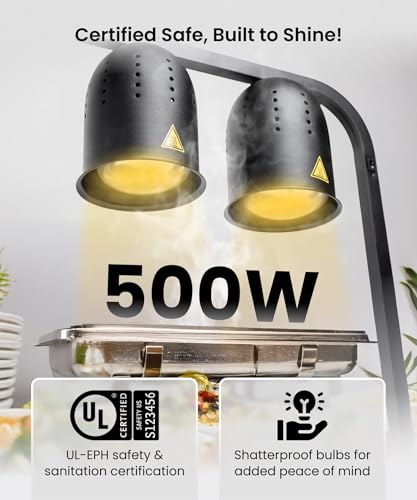 SYBO DL2112 Commercial Grade Food Heat Lamp, Portable Electric Food Warmer, 2-Bulb 500W with Free-Standing, Black - Thumbnail 3