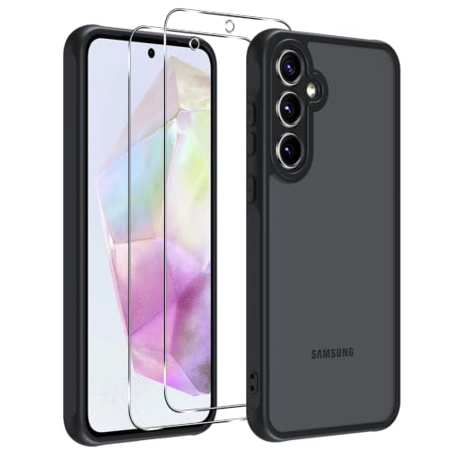 Vauki Matt Handyhülle für Samsung Galaxy A35 5G Hülle mit 2 Stück Schutzfolie Transluzente Militärstandard Stoßfest PC Härte Rückseite Anti-Fingerabdruck Schutzhülle Case mit Kameraschutz Schwarz