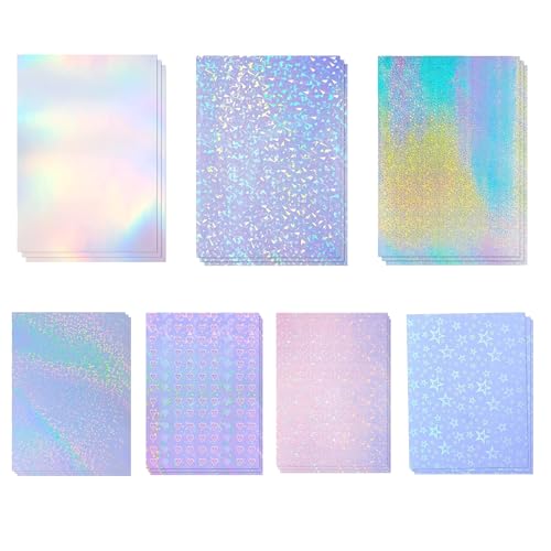 wenrescry 21 Blatt Holografische Folie A4, Selbstklebende Vinylfolie Glitzer, Transparent Wasserdicht, DIY Basteln Aufkleber für Fenster, Glas, Deko, 7 Designs