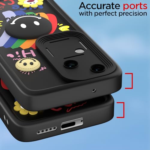 Image of Pikkme Back Cover for Vivo V30 5G / V30 Pro 5G | Soft Silicone| Cute Rainbow Smile & 3D Cartoon Flower Design | Shockproof Raised Camera Protection Bumper Case (Black)