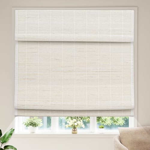 Moonice Cordless Roman Shades for Window Blackout, Natural Woven Fabric Privacy Room Darkening Blinds, Thermal Insulated Window Blind Treatment for Bedroom Living Room, Brown