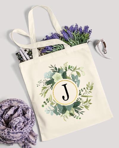 Image of AUSVKAI Canvas Tote Bag for Women, Cute Aesthetic Leaf Initial Trendy Cotton Reusable Personalized Birthday Bags