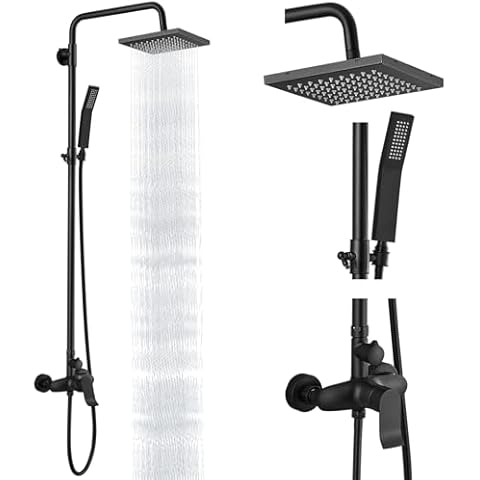 Heyalan Matte Black Exposed Shower System Dual Function Bathroom Shower Faucet 8 Inch Square Swivel Rainfall Shower Head with Handheld Adjustable Complete Set Wall Mount Cover