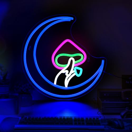 Image of Mushroom Moon Neon Sign, JGHTURIE Cute Led Neon Signs for Wall Decor Blue Light Up Sign for Room, Living Room, Home, Bar Signs, Party, USB Powered