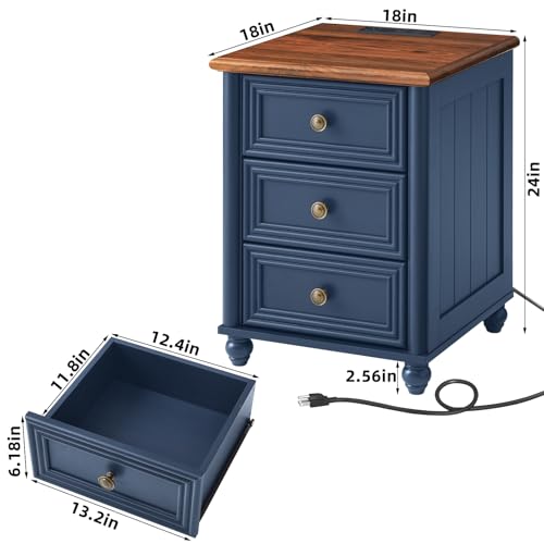 18" Farmhouse Night Stand Set 2 with Charger Station, Blue 2 & 3 Drawers Wood Nightstand, Bedside End Table with Storage and Roman Column, Bed Side Tables Cabinet for Bedroom, Living Room, and Closet
