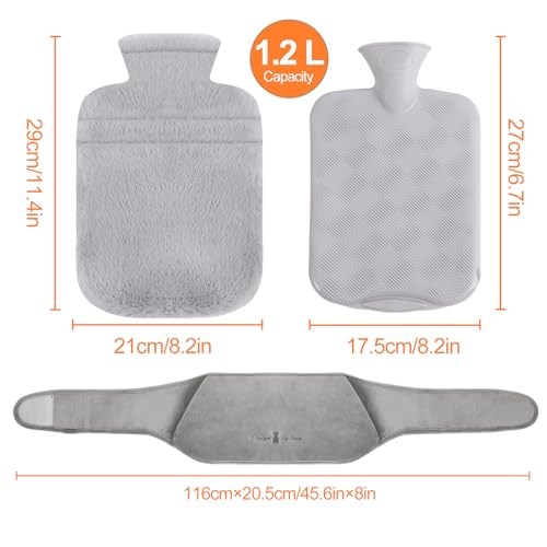 Votoko Wärmflaschengürtel, 1.2 L Wärmflasche aus Gummi mit Weichem Taillenbezug, 3 in 1 Wärmflasche Gürtel für Nacken Schulter Rücken Beine Taillenwärmung, Hot Water Bottle für Schmerzlinderung (Grau)