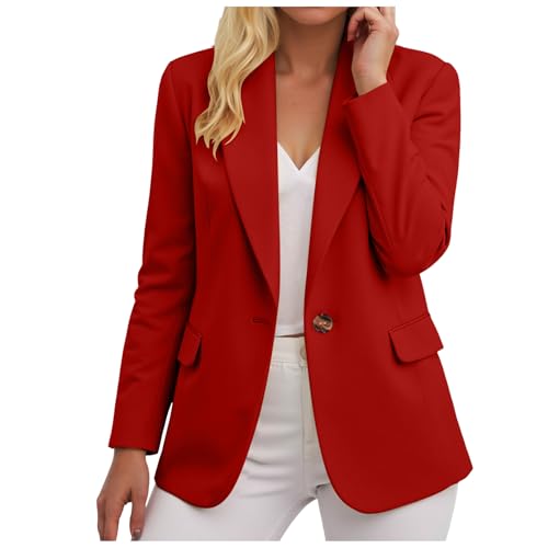 ECUNGWUA Blazer Femme Chic et Elegant Veste Manches Longues Classique Travail Blazers Décontracté Couleur Unie Tailleur Hauts Slim Fit Grande Taille Manteau (Red, XXL)