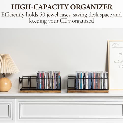 MyGift 2 Pcs CD Rack Stand Holder, DVD Tower, Tabletop Compact Disc Case Organizer Storage - Holds 50 Jewel Cases, Vintage Rustic Burnt Solid Wood and Matte Black Metal by MyGift - Used condition - Image 3