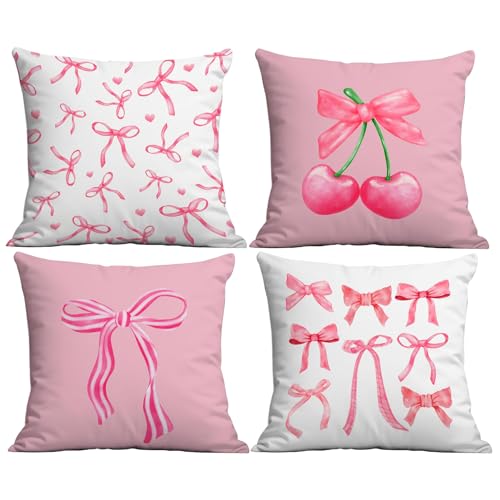 Juego de 4 fundas de cojín rosas con lazo, decoración de habitación de coqueta, decoración de habitación para adolescentes, decoración de habitación preparada, fundas de cojín para sala de estar (sin