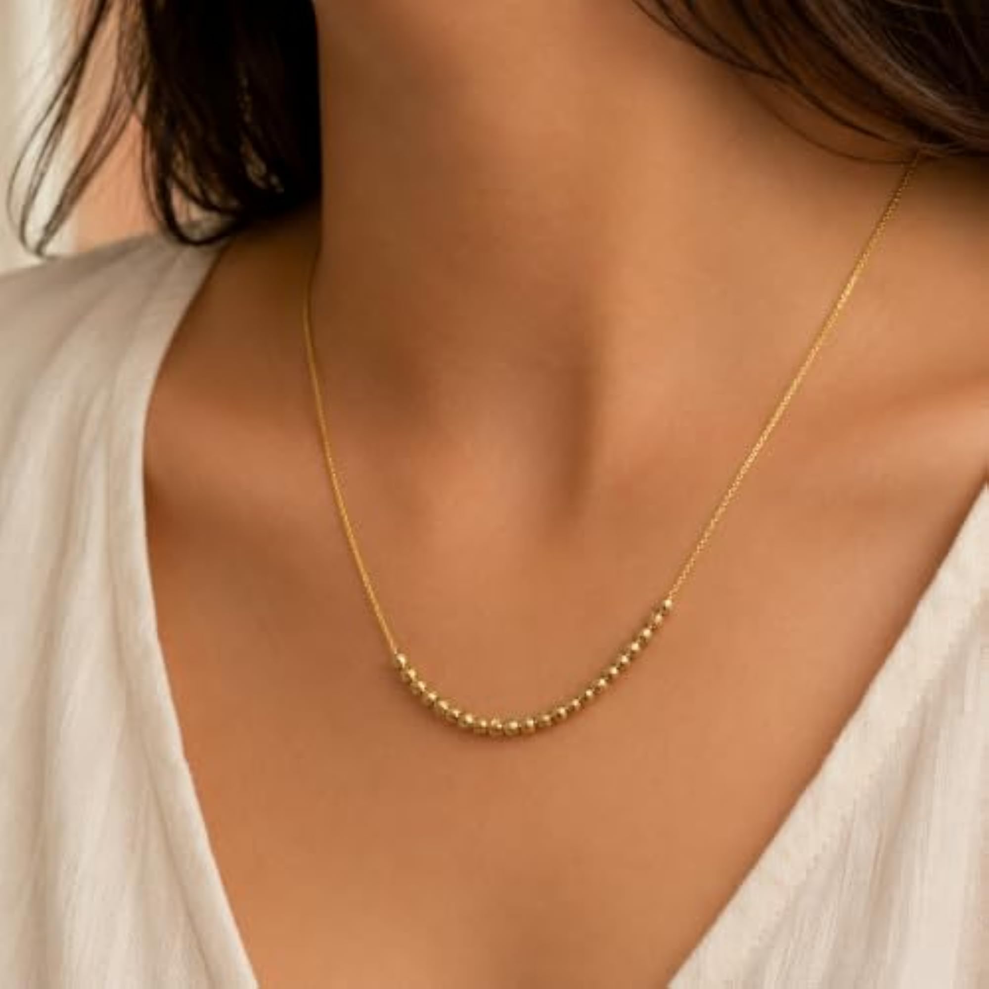 Premium Gold Tone Textured Bead Necklace, Elegant Dainty Chain