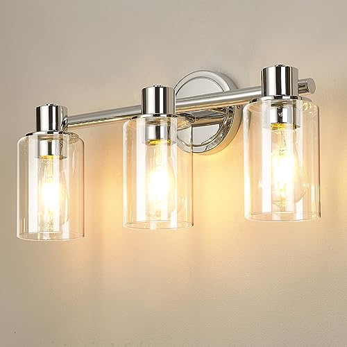 Image of 3 Light Bathroom Wall Light Fixtures Chrome Bathroom Wall Sconce with Clear Glass Lights Over Mirror Vanity Lights E26 Base