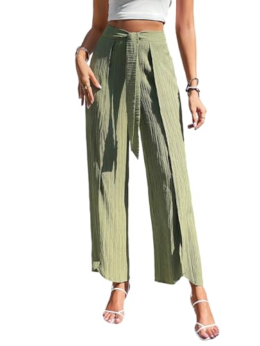 WDIRARA Women's Split Thigh High Waisted Wide Leg Palazzo Casual Loose Long Pants4