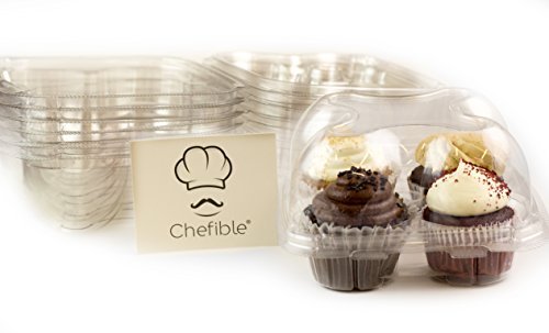 Chefible 4 Cupcake Container - Set of 50 | Four Cavity Plastic Disposable Cupcake Box, High Dome, Extra Sturdy and Stackable!