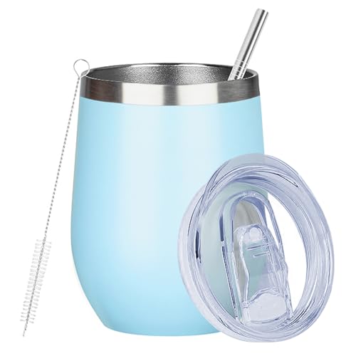 MEZMUT 12 Oz Insulated Wine Tumbler with Lid Wine Glass Cup(Light Blue,1)