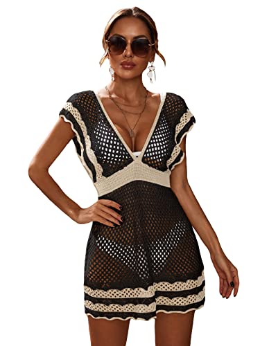 MakeMeChic Women's Deep V Neck Hollow Out See Through Knit Swimsuit Cover Up Beach Dress