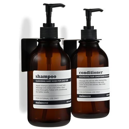 Image of Shampoo and Conditioner Dispenser Wall Mounted Set of 2 Amber Black | 500 ml Shower Gel Dispenser Set of 2. Refillable Shampoo and Conditioner Bottles. Drill Free Secure Design. Amber Classic