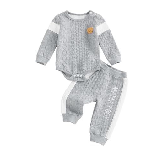 Image of Babieshouse Newborn Baby Boy Clothes Mamas Boy Bear Embroidery Long Sleeve Romper Pants Set Fall Winter Outfits 3-18 Months