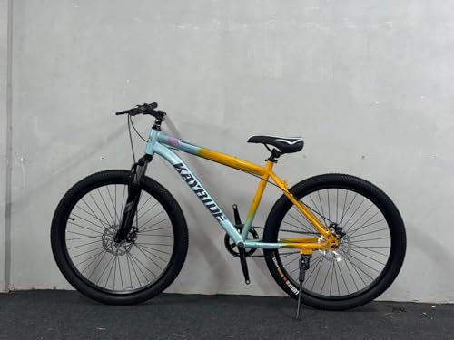 Image of Single Speed 26T Mountain Bicycle for Adults (18 Inch Steel Frame, Dual Disc Brakes, Alloy Rims, 26x2.40 Wide Tyres, Front Suspension, Mudguards & Side Stand, Unisex City & Trail MTB, Orange /Blue)