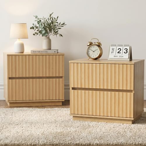 FurniXpress 2-Drawer Fluted Nightstands Set of 2, 23.6" Wide, Natural Oak