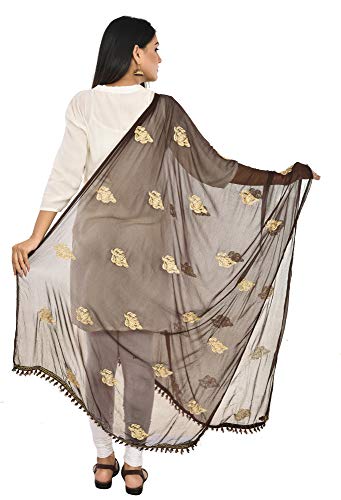 Image of YOUTHQUAKE Golden Patti Embroidered Work Chiffon Dupatta for Womens & Girls with Jaalar Lace