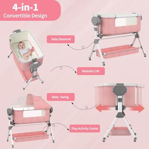 Rocking Bassinet for Baby, Electric Baby Bassinet Automatic 5 Rocking Motion Bassinet Bedside Sleeper for Newborn, Auto Rolling Baby Cradle 3 Height Adjustable with 4 Lullabies (Pink) — 사진 5
