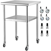 VEVOR Kommerzieller Edelstahltisch 61 x 61 x 91,4 cm, Rollbarer Zweilagiger Arbeitstisch Zerlegetisch Gastro 181,4 kg + 91 kg Tragfähigkeit, Gewerbe Küchentisch, Zubereitungstisch Küchenmöbel