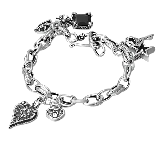 Generic 925 Sterling Silver Locking Bracelet With Key For Women And Men, BraceleT For Women Vintage Star Key Pendant Couples, Lock Bracelet And Key Necklace Set, Lock And Key Necklace For Couples